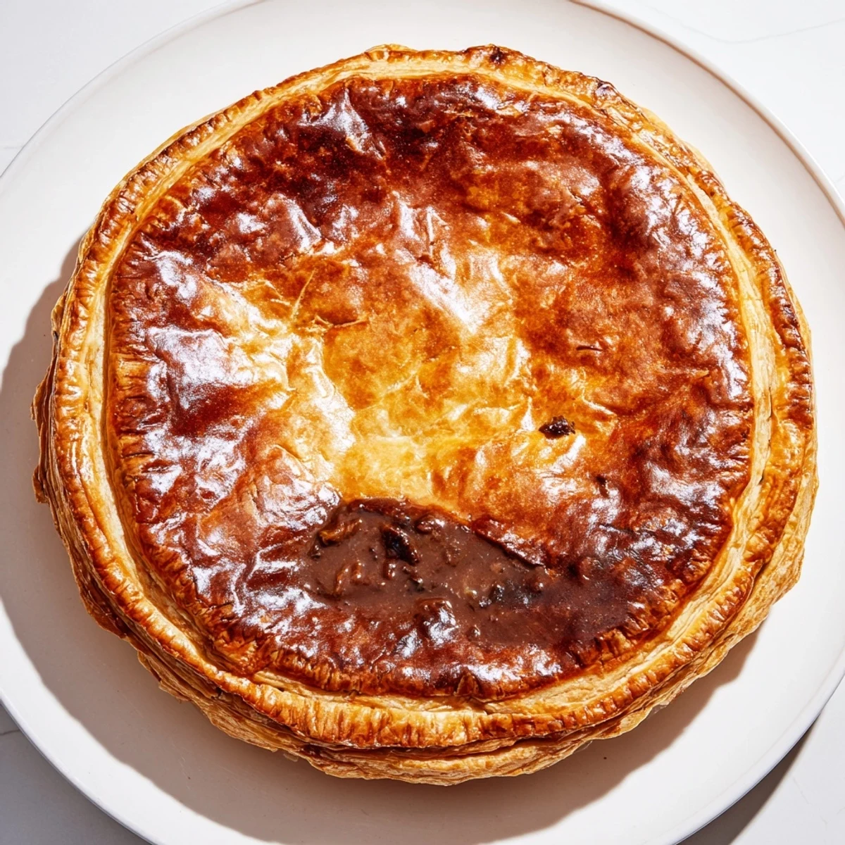 A close-up shot of a savory Beef Pie, showcasing its tender beef and vegetable filling.