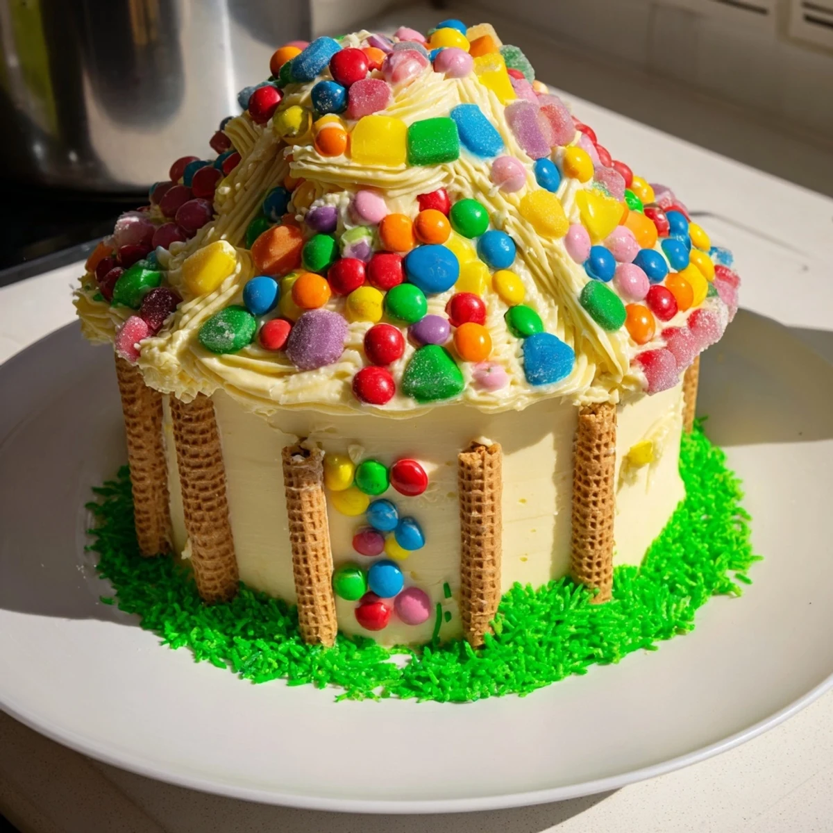 The decorated Decor House cake shows off colorful buttercream frosting and charming candy accents for a treat.