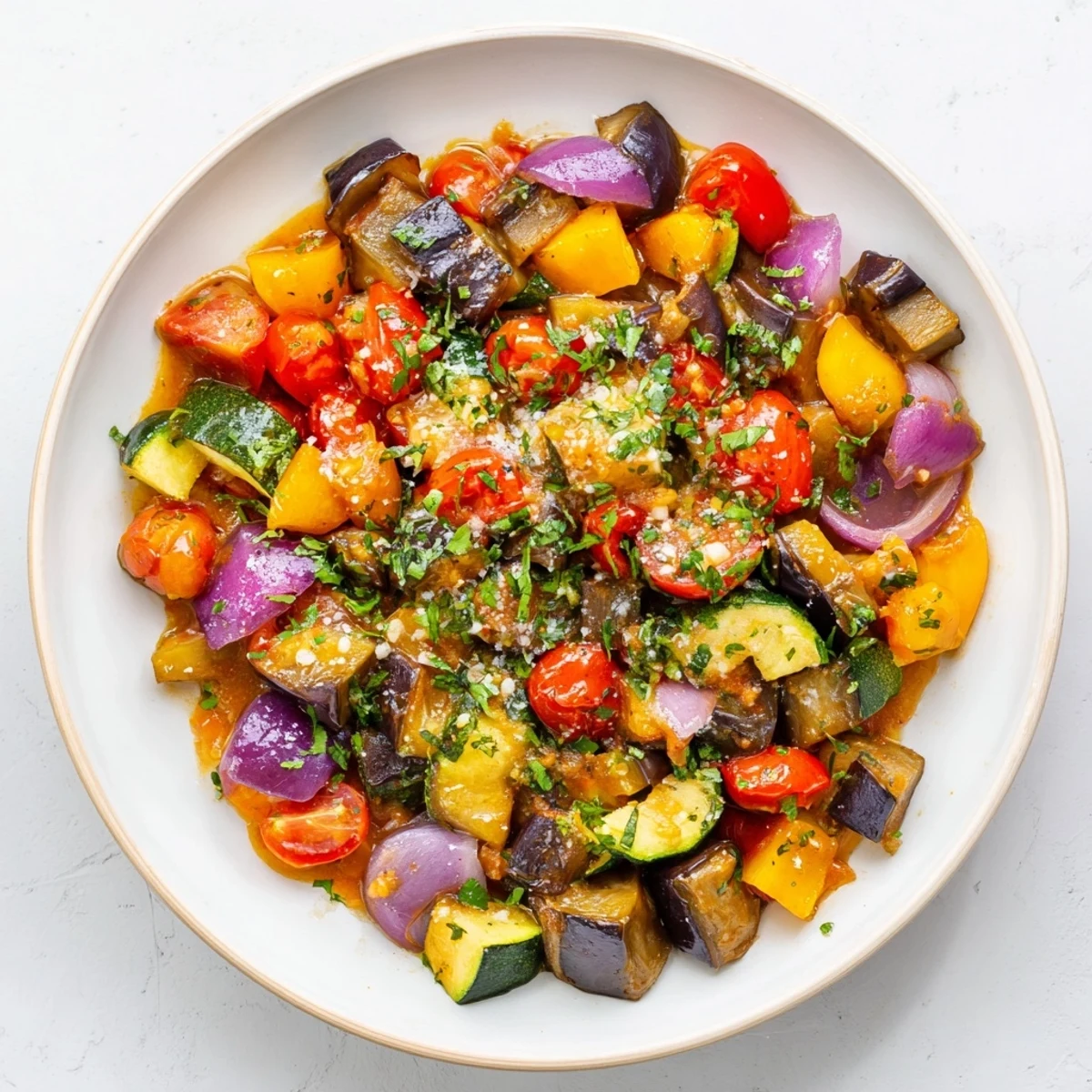 A steaming-hot dish of Vegetable Bake, showcasing roasted, colorful vegetables and rich tomato sauce.