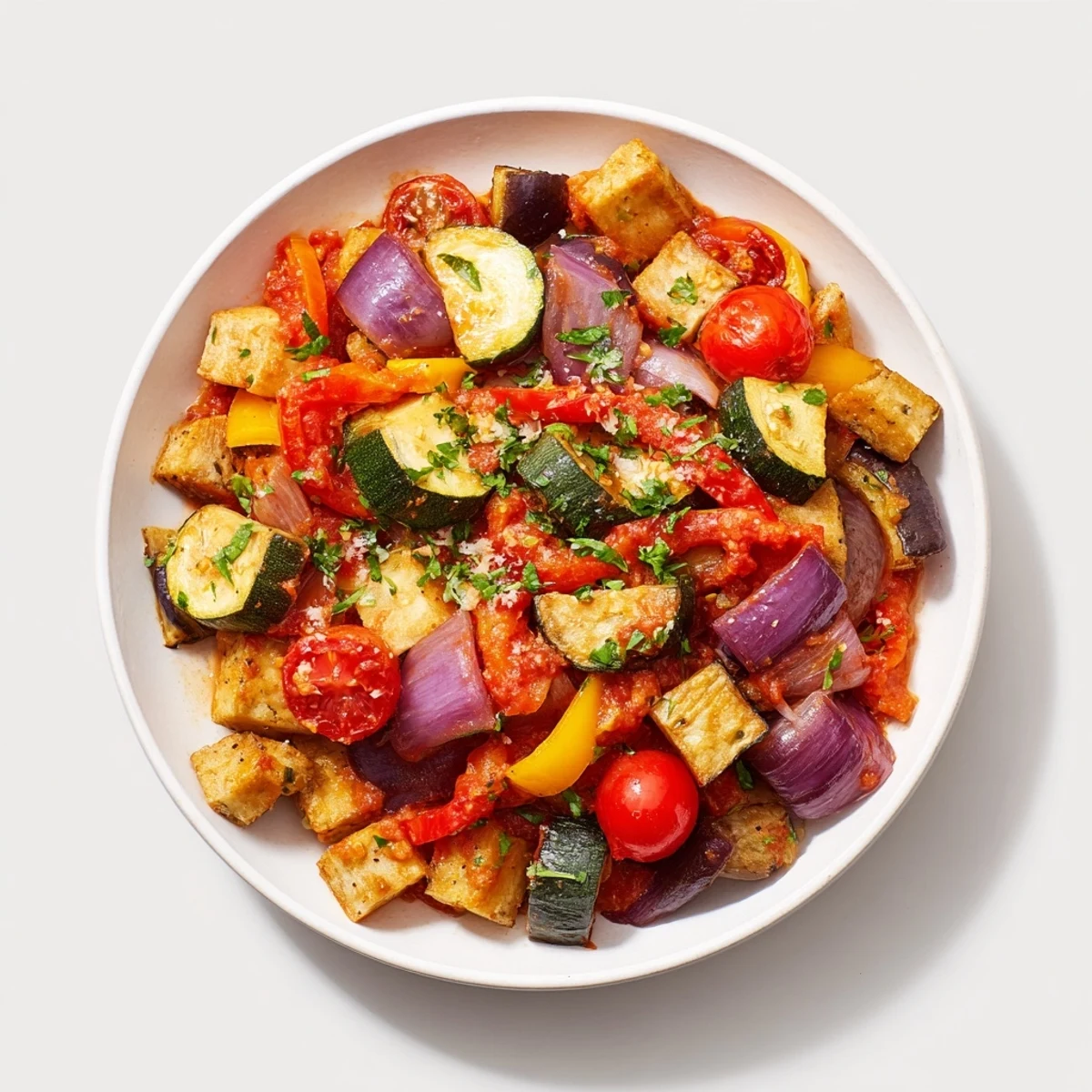 Close-up shot of a Vegetable Bake, highlighting tender, roasted vegetables in a flavorful, herbed tomato base.