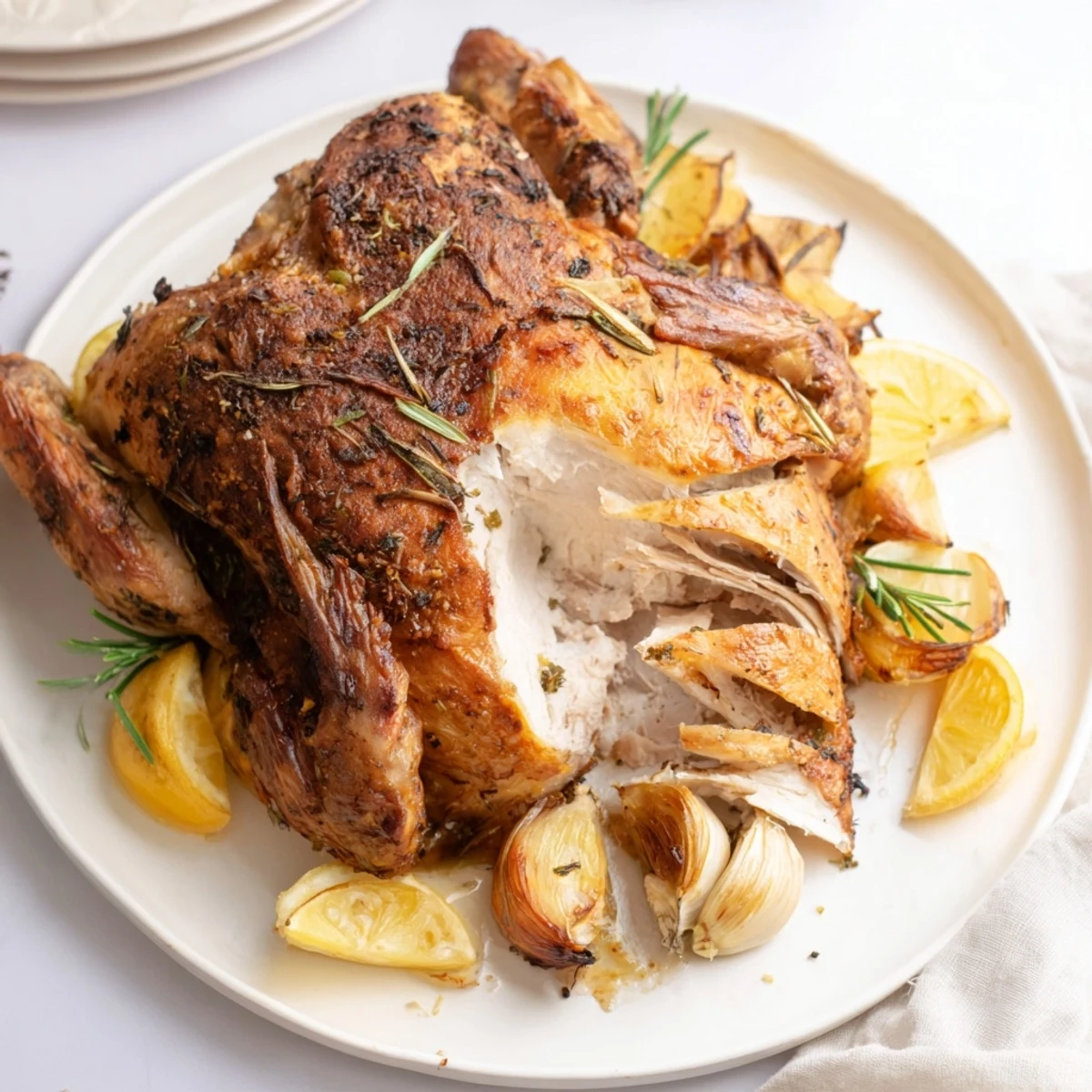 Juicy Garlic Roasted Chicken, roasted to perfection with golden brown skin and aromatic herbs.