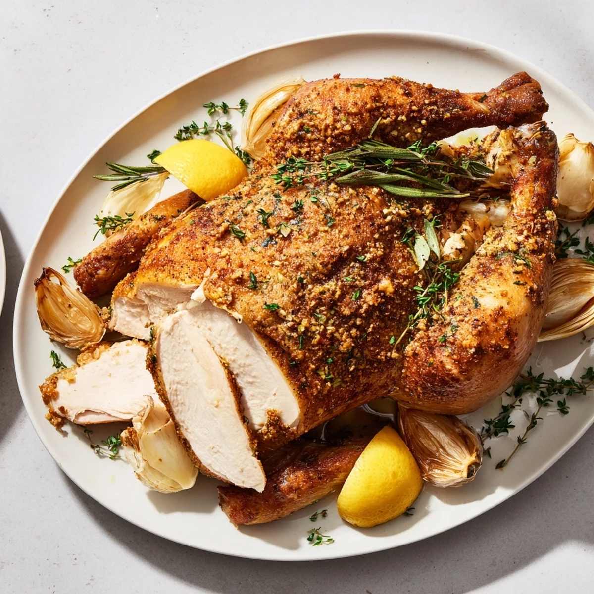Savor the aroma—a whole Garlic Roasted Chicken, presented with roasted lemon and garlic inside.