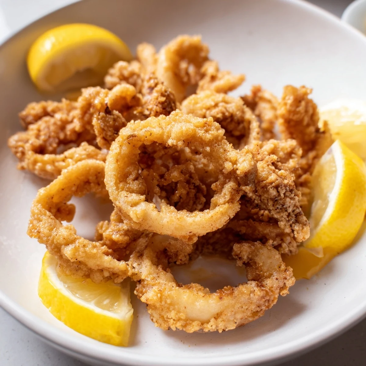 Close-up of perfectly battered and fried crispy squid, ideal for a tasty snack or party platter.