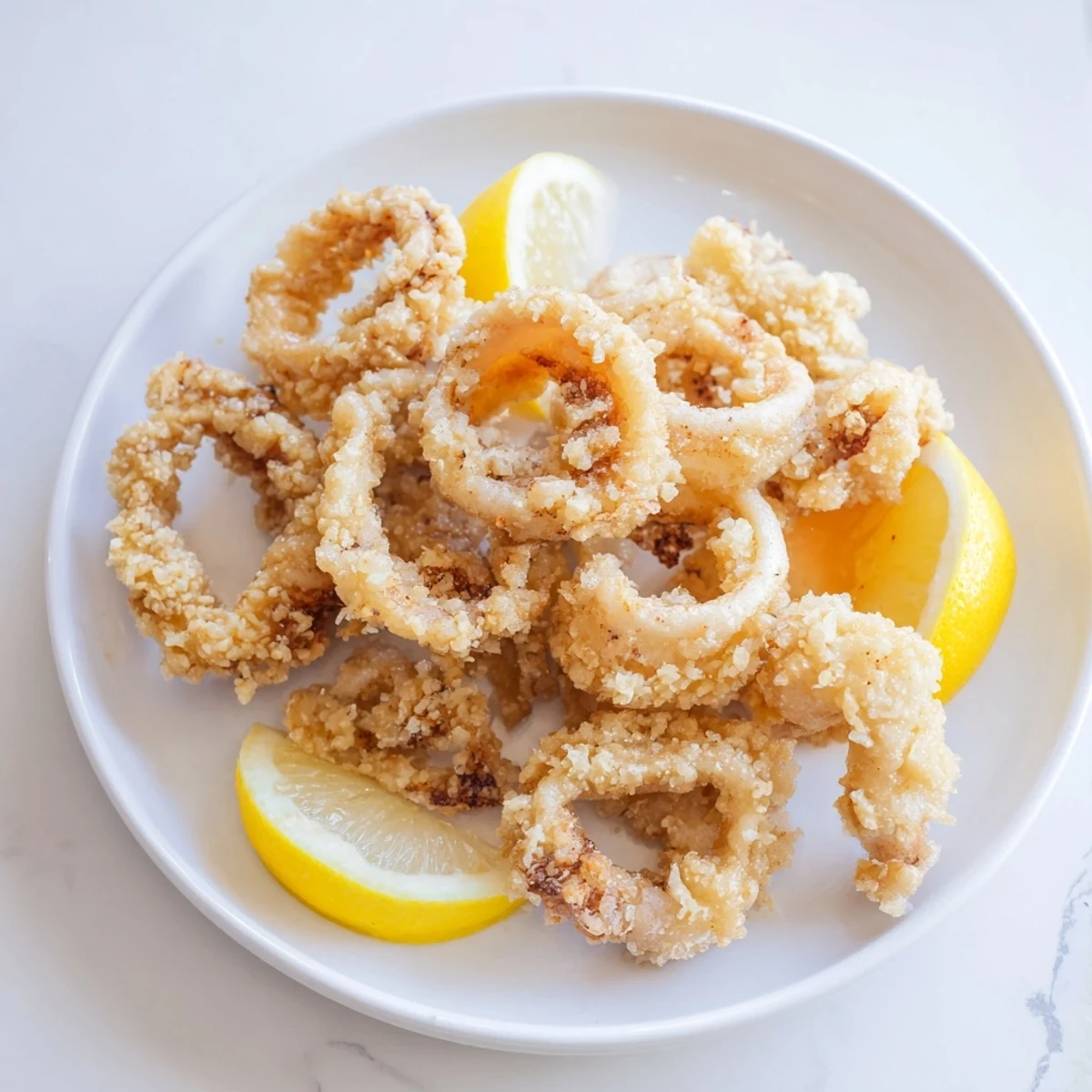 Golden-brown crispy squid rings, freshly fried, ready to enjoy as a flavorful appetizer with dipping sauce.