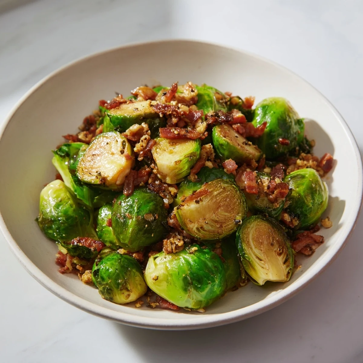 Close-up of roasted Brussels sprouts, cooked with beef bacon until crispy and delicious.