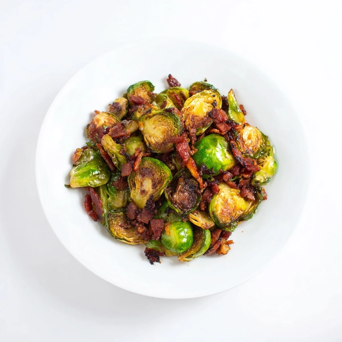 Golden-brown roasted Brussels sprouts with crispy beef bacon, a flavorful side dish.