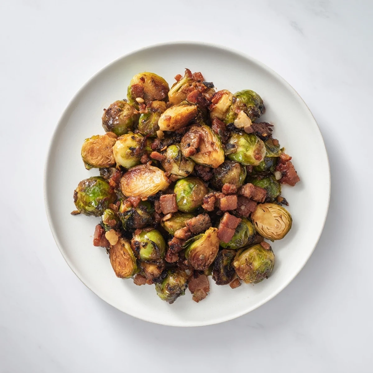 Browning Brussels sprouts and bacon cooking in the oven, a savory recipe using balsamic glaze.