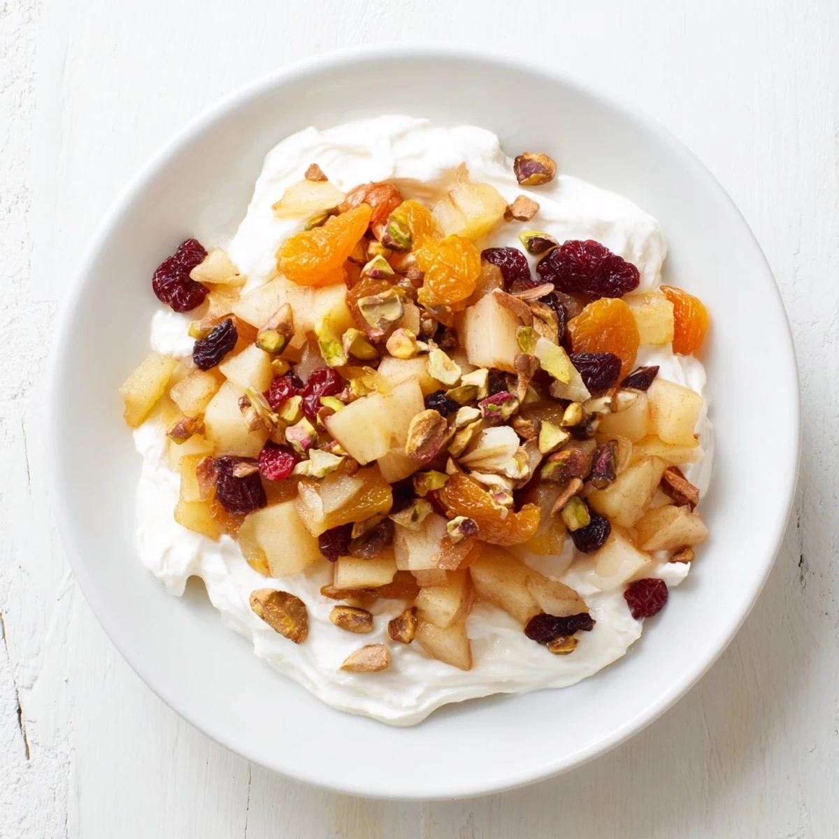 A comforting bowl of freshly made Winter Fruit Compote, the sweet aroma fills the air.