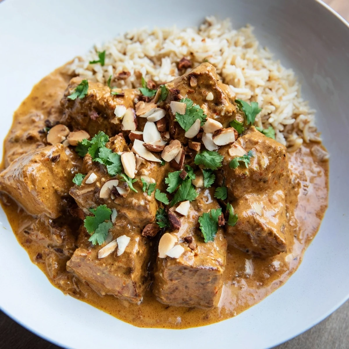 Aromatic Lamb Korma with fluffy pilau rice, garnished with fresh cilantro and toasted nuts.