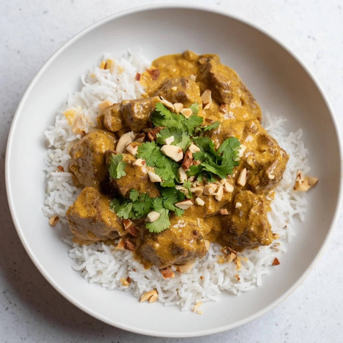 Tender lamb in creamy sauce is a perfect Lamb Korma served over fragrant, spiced pilau rice.