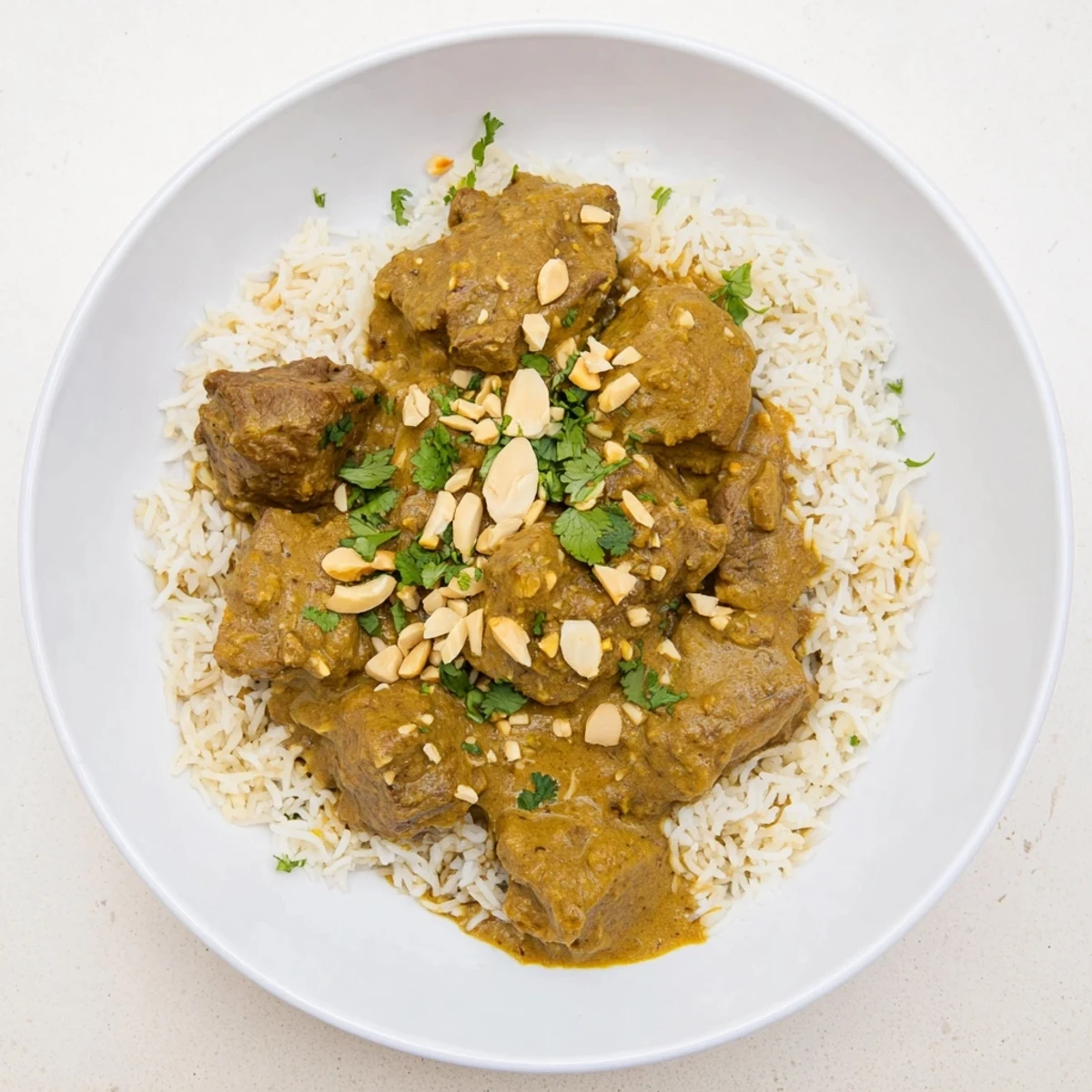 Enjoy a warm bowl of Lamb Korma with pilau rice, featuring succulent lamb and rich flavors.