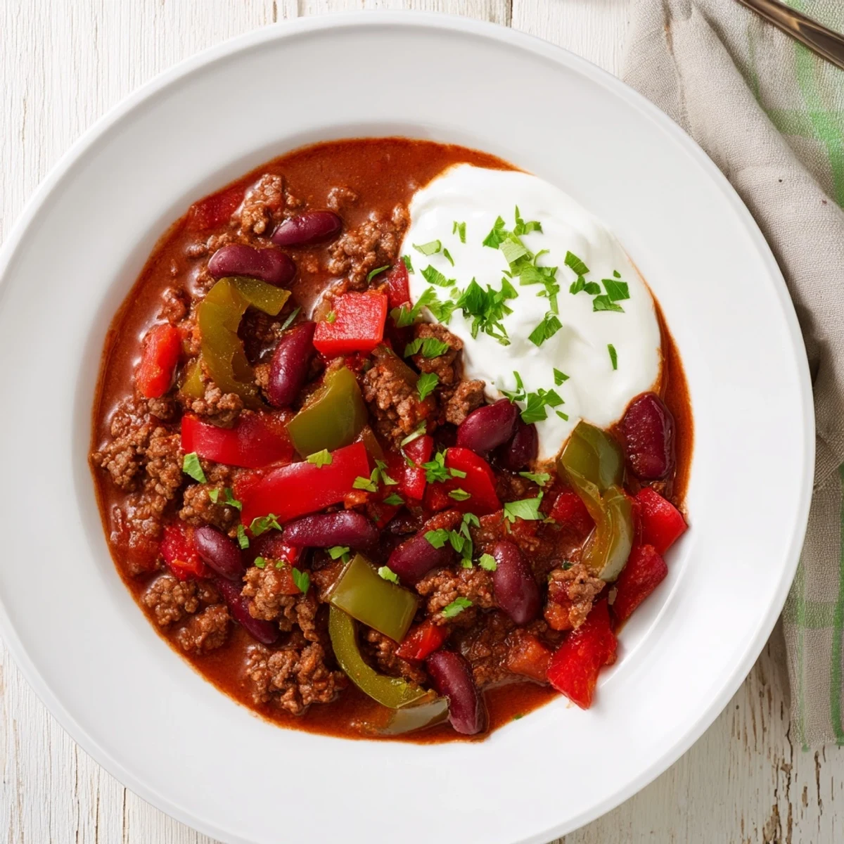 Steaming bowl of Beef Chilli with Kidney Beans, garnished with fresh cilantro, ready to serve.