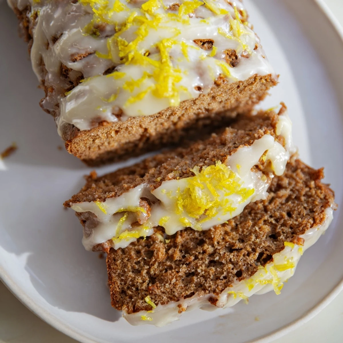 Moist gingerbread loaf topped with lemon icing glistens, ready to be sliced and enjoyed.