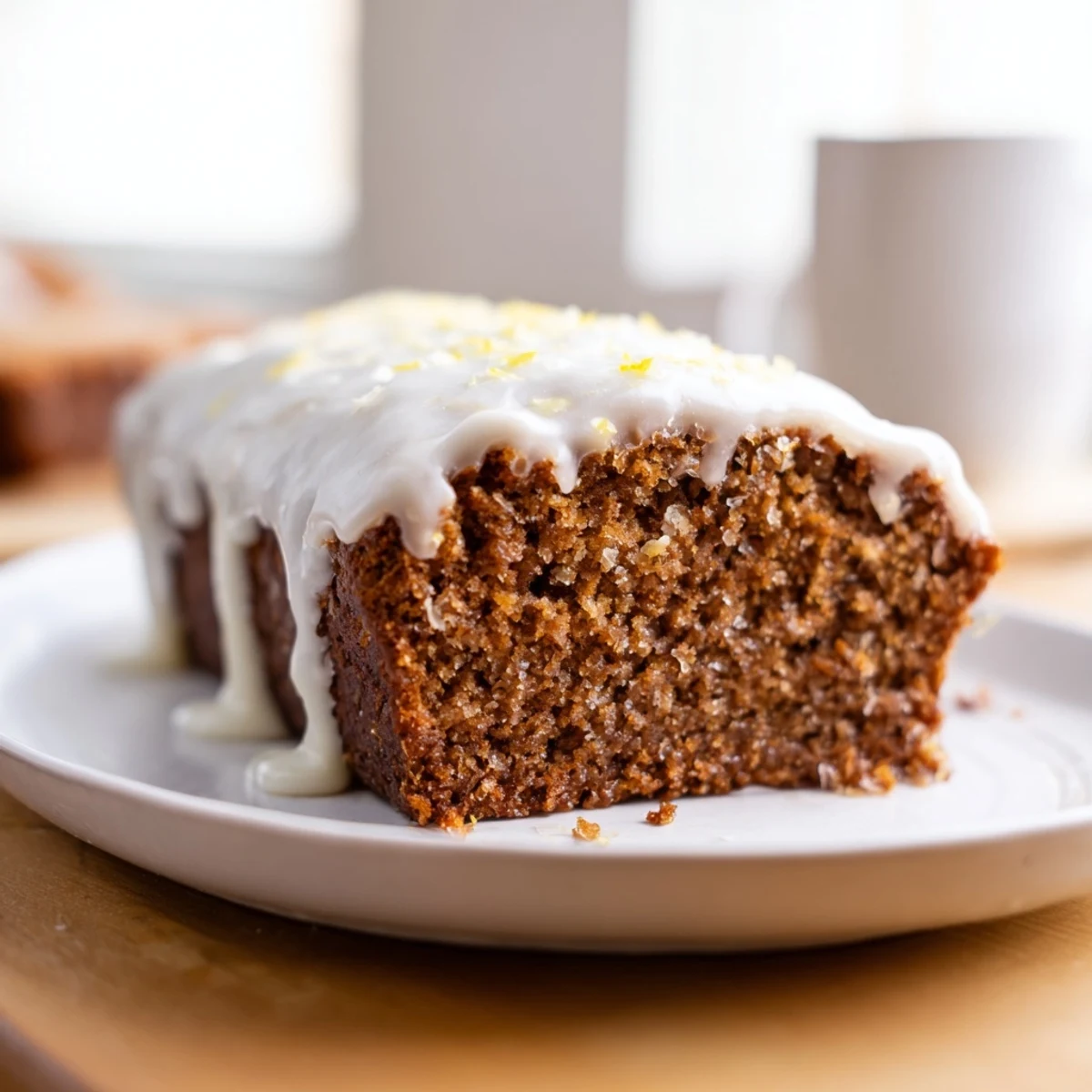 A slice of warmly spiced gingerbread loaf showcases the sweet lemon icing drizzle across the top.