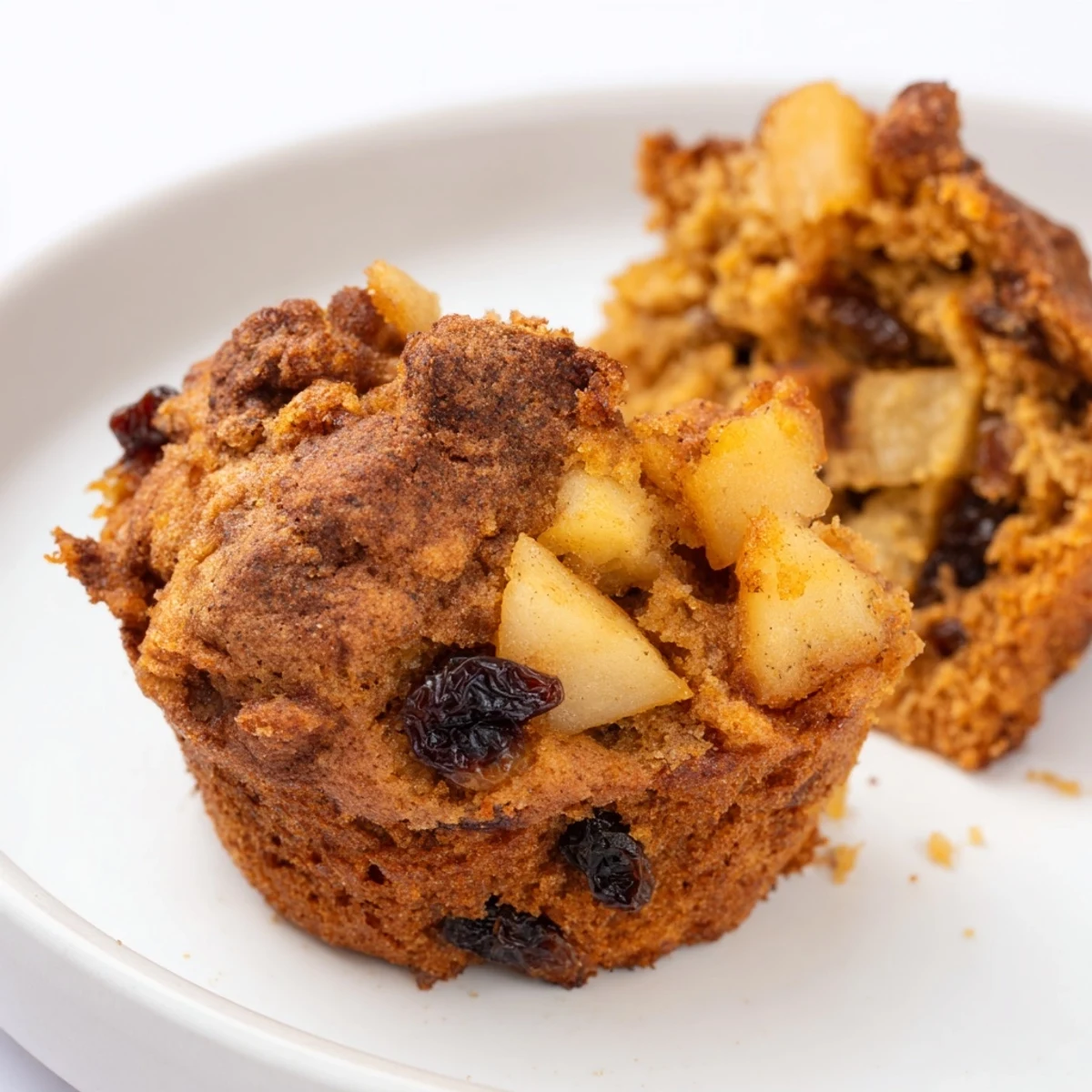 Golden-brown spiced apple and raisin muffins, fresh from the oven, ready for a tasty treat.