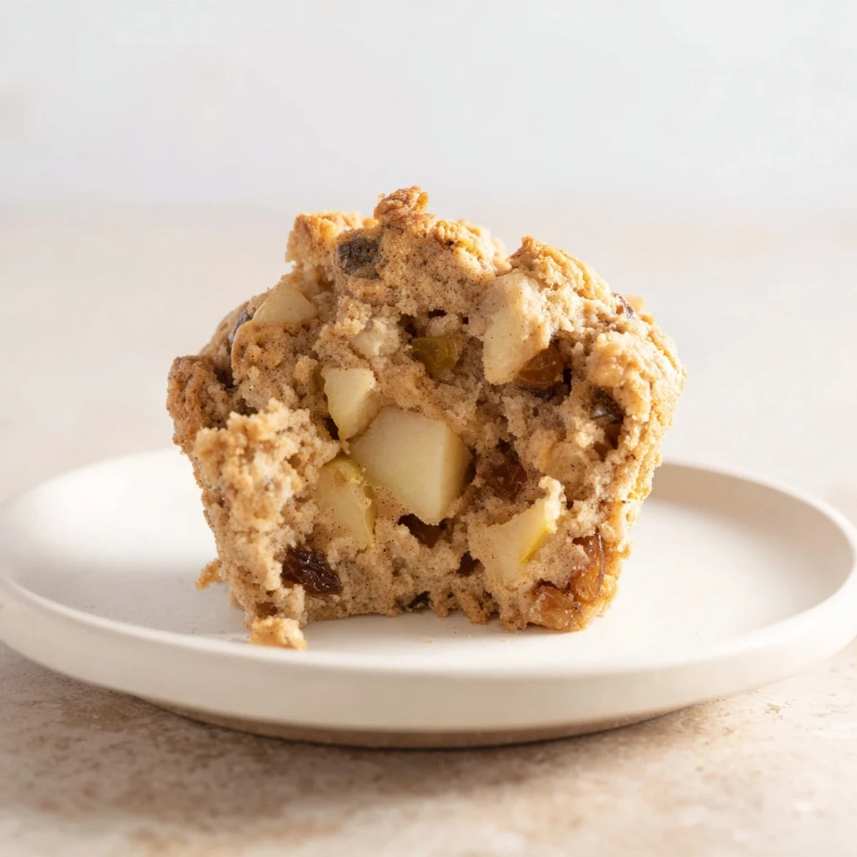 Close-up of moist spiced apple and raisin muffins, with visible apple pieces, perfect for brunch.