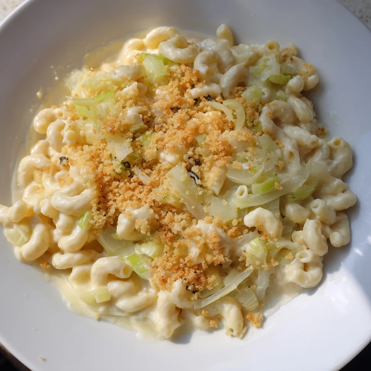 Golden, bubbly creamy macaroni cheese with leeks, ready to be served hot from the oven.
