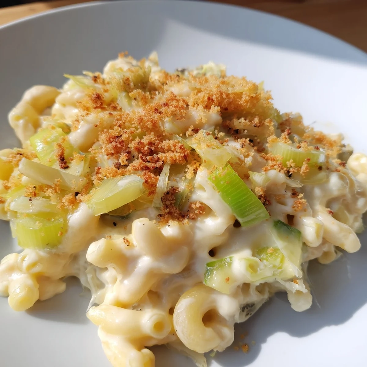 A close-up of a bowl of creamy macaroni cheese, topped with crispy breadcrumbs and leeks.