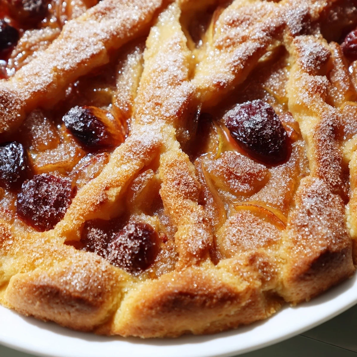 A close-up of a rustic Warm Apple and Blackberry Pie, perfect for a cozy dessert occasion.