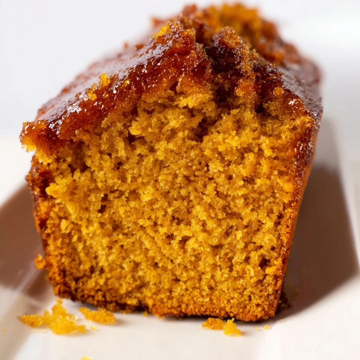 A freshly baked Golden Syrup Cake slice, moist and golden brown, ready for serving with tea.