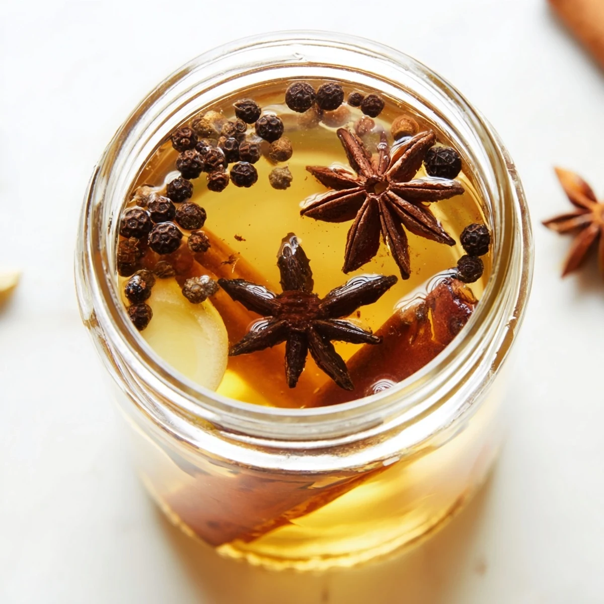 A vibrant close-up of Spiced Cider Vinegar with cinnamon sticks and warming spices.