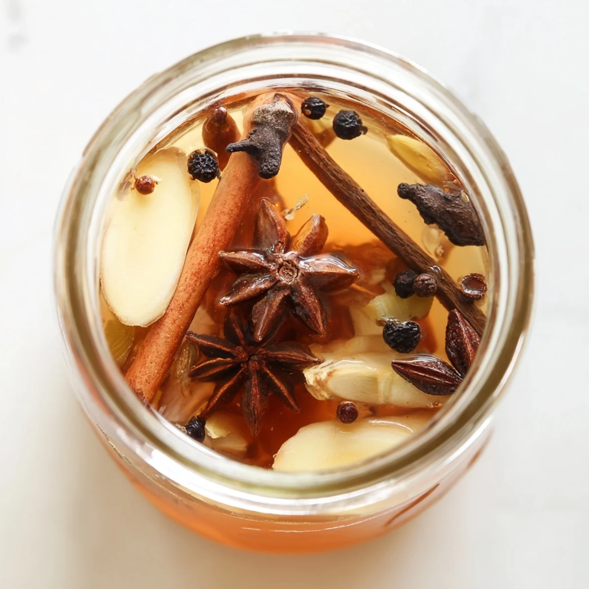 Brightly colored spices steeping in apple cider vinegar, creating beautiful Spiced Cider Vinegar.