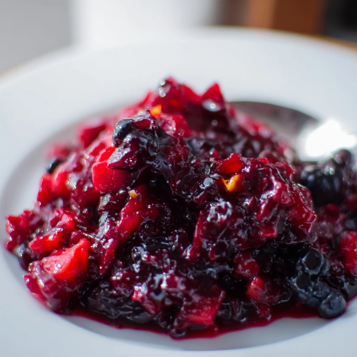 Close-up shot shows the thick, glossy texture of homemade Winter Berry Jam, perfect for spreading.