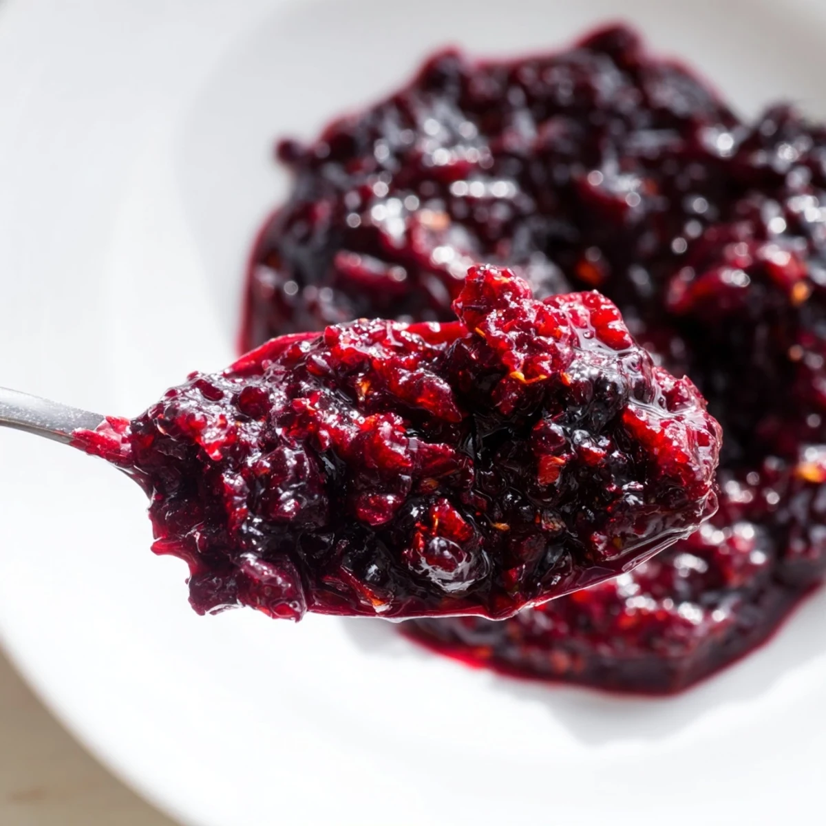 A jar of glistening Winter Berry Jam, swirls of red and purple, ready to be enjoyed.