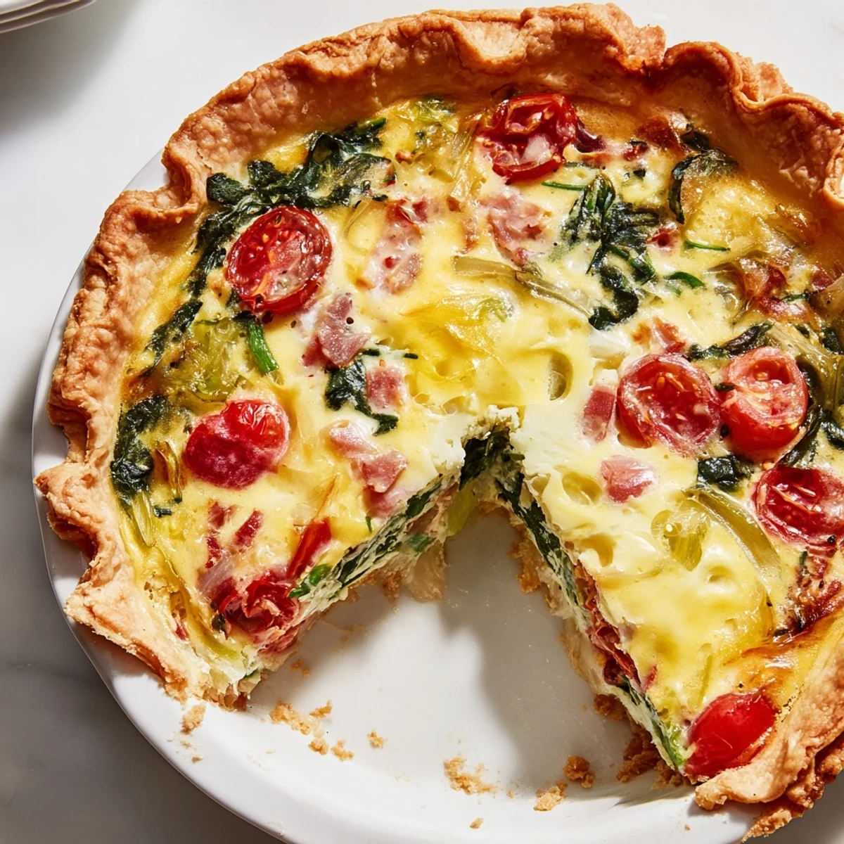 A bubbling, cheesy Savory Quiche just out of the oven, ready to be sliced and enjoyed.