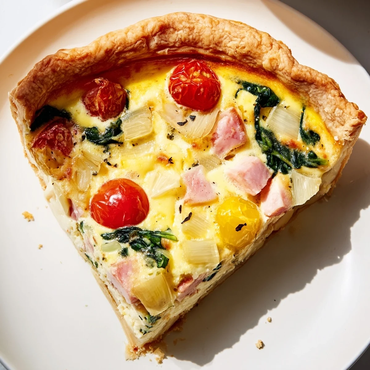 Golden-brown Savory Quiche, a delicious brunch dish with flaky crust and creamy filling.
