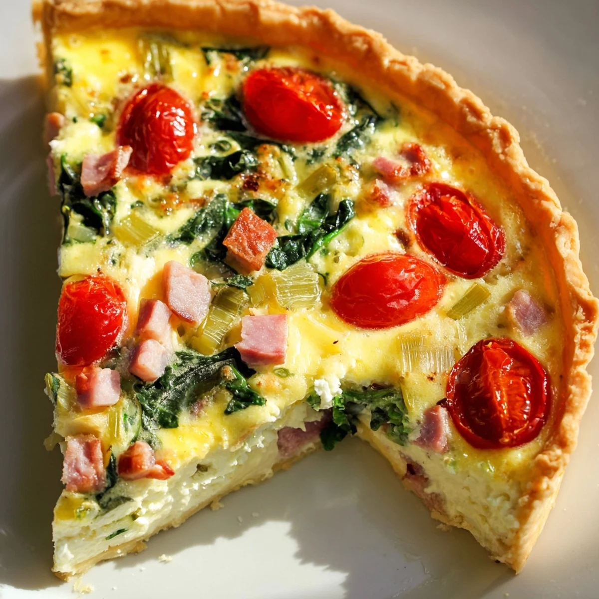 Freshly baked Savory Quiche, filled with spinach, and cheese, perfect for a light meal.