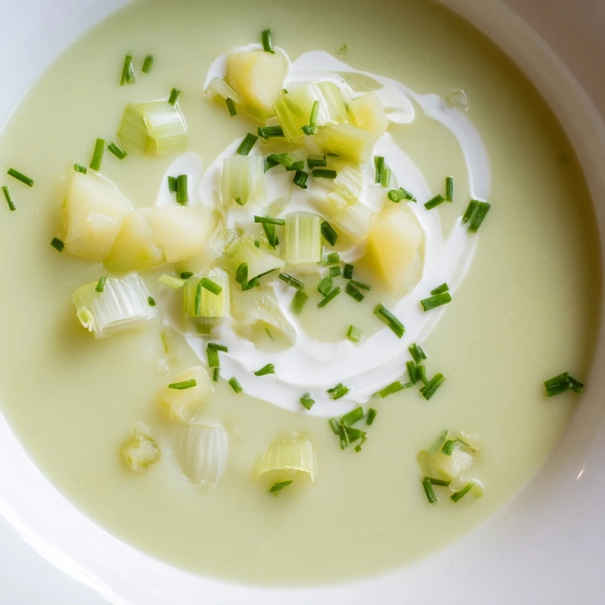 A steaming bowl of creamy leek soup, showcasing the smooth, velvety texture of the French classic.