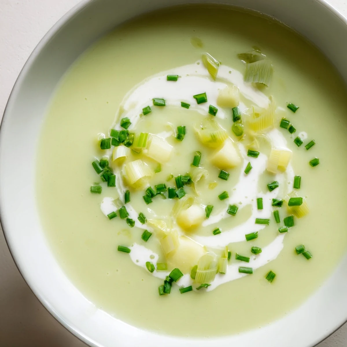 Close-up photo of creamy leek soup with a creamy swirl, perfect for a cozy, delicious dinner.