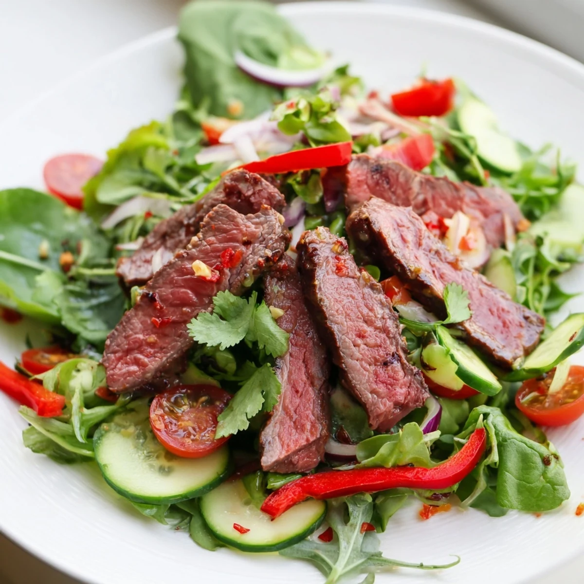 Tender slices of seared beef atop a vibrant Beef Salad, drizzled with zesty dressing.