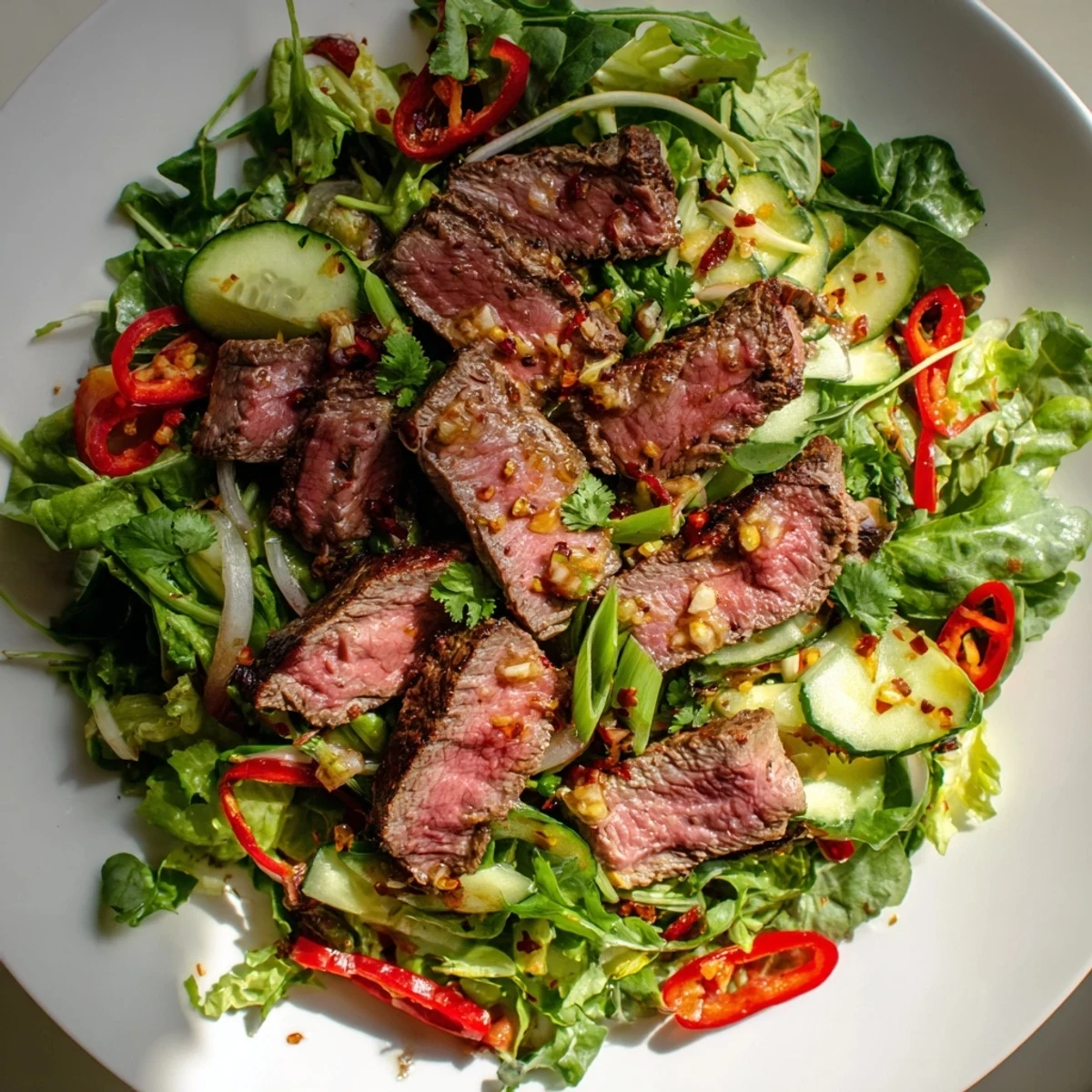 Enjoy this flavorful Beef Salad showcasing perfectly grilled beef with fresh, crisp veggies.