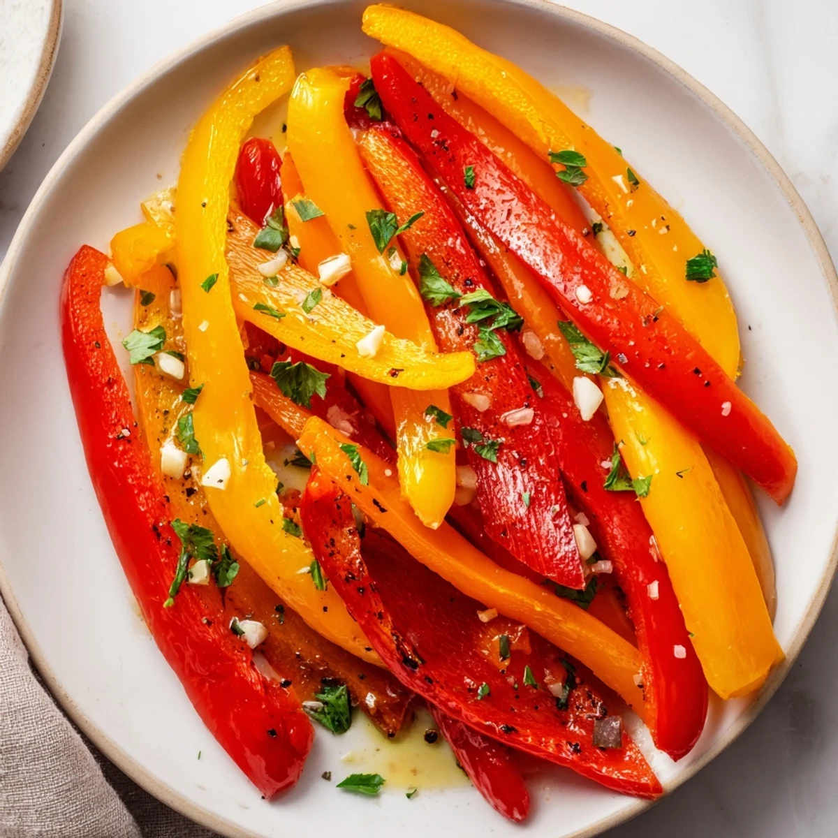 Vibrant, blistered roasted peppers glistening with olive oil, ready to be enjoyed as a side dish.