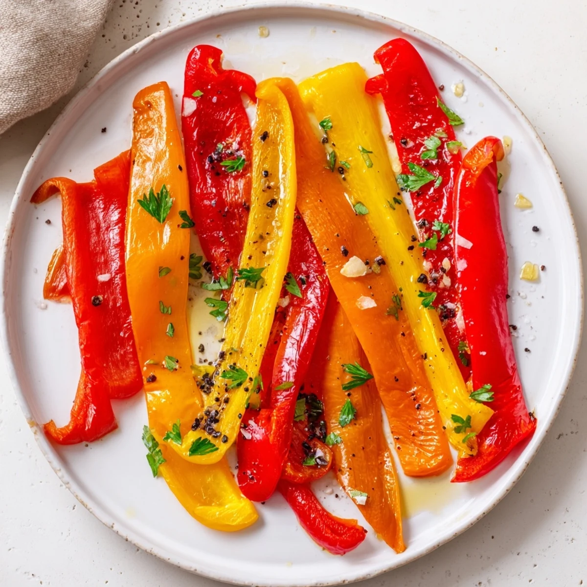Close-up of tender, flavorful roasted peppers; the perfect topping for a sandwich or salad.