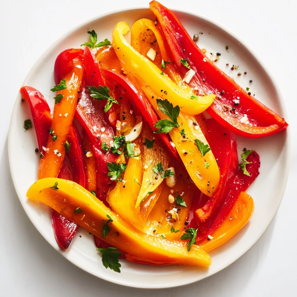 Smoky, caramelized roasted peppers served warm with fresh parsley—a delicious Mediterranean side.