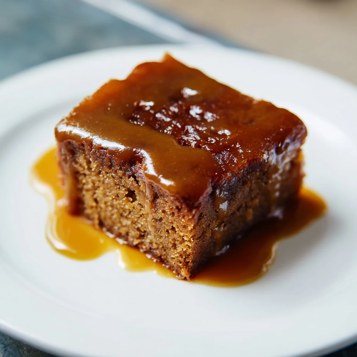 Golden, drizzled Sticky Toffee Pudding resting on a plate, tempting with its rich toffee sauce.