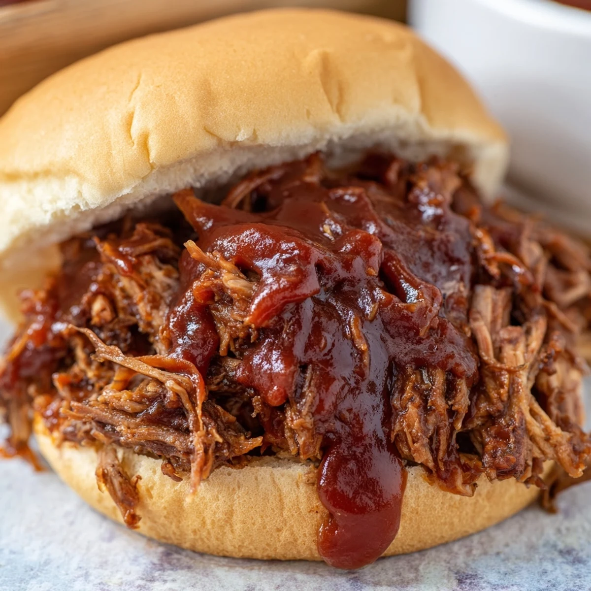 Slow cooker pulled beef sandwiches, juicy shredded beef spilling over a toasted bun with barbecue sauce.