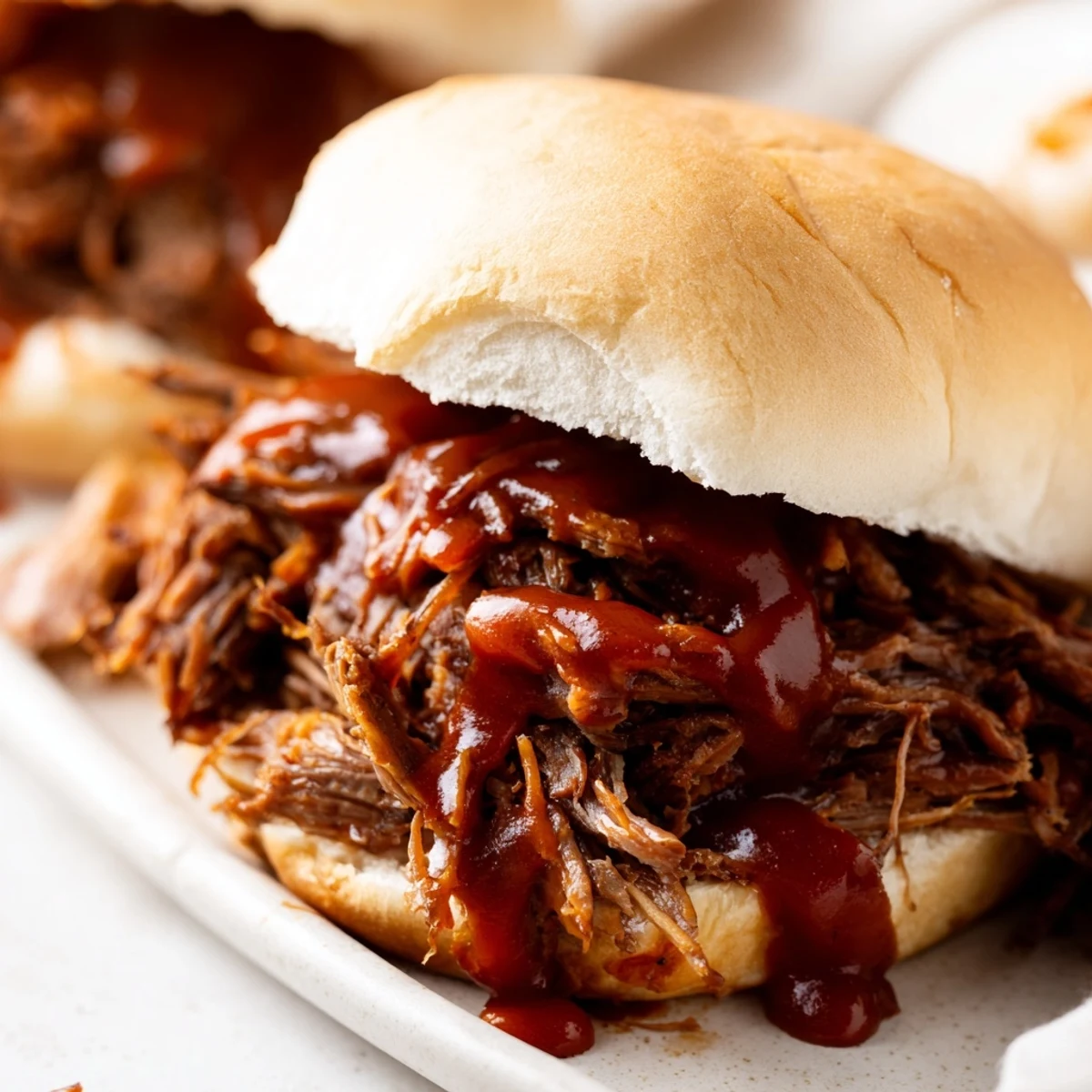 Generous serving of slow cooker pulled beef sandwiches, showcasing tender beef and tangy barbecue sauce dripping.
