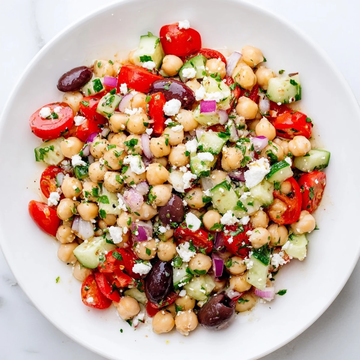 Bright Mediterranean Chickpea Salad with feta, showcasing vibrant veggies and crumbled cheese in a bowl.