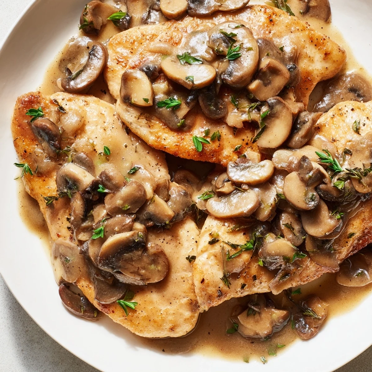 Tender chicken breasts in a rich Chicken Marsala, topped with parsley, ready on a plate.