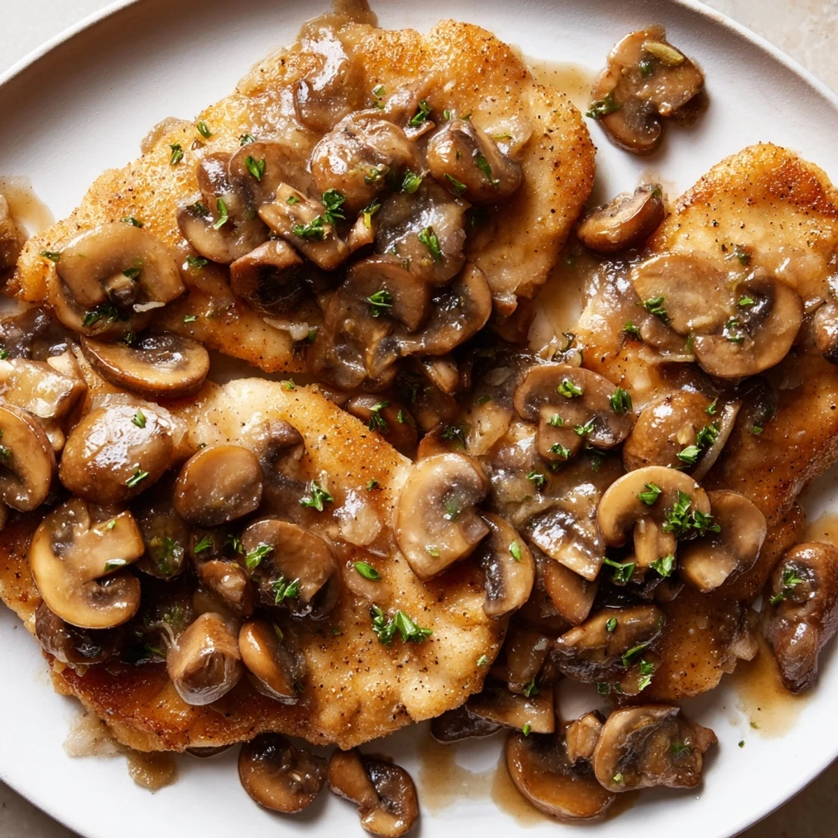 Golden-brown Chicken Marsala with mushrooms sits in a savory sauce, ready for serving tonight.