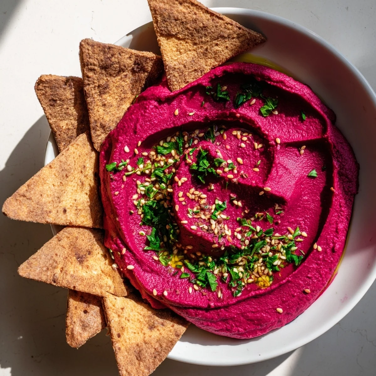 Creamy, vibrant roasted beet hummus served with crunchy golden pita chips, perfect for dipping.