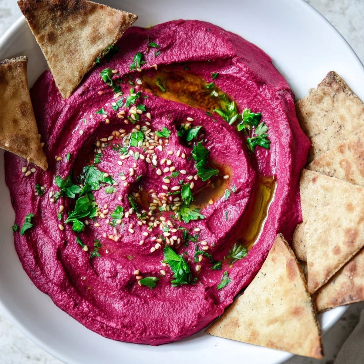 A close-up of beautifully textured roasted beet hummus garnished with parsley and sesame seeds.