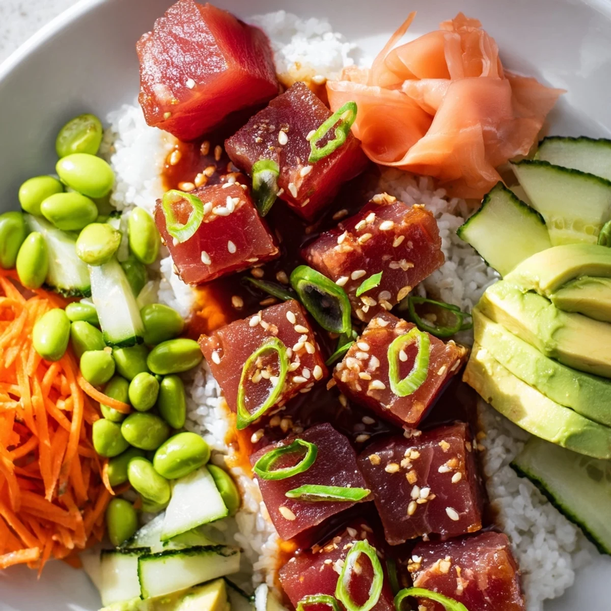 Close-up of a flavorful Spicy Tuna Poke Bowl, showing delightful textures and vibrant toppings.