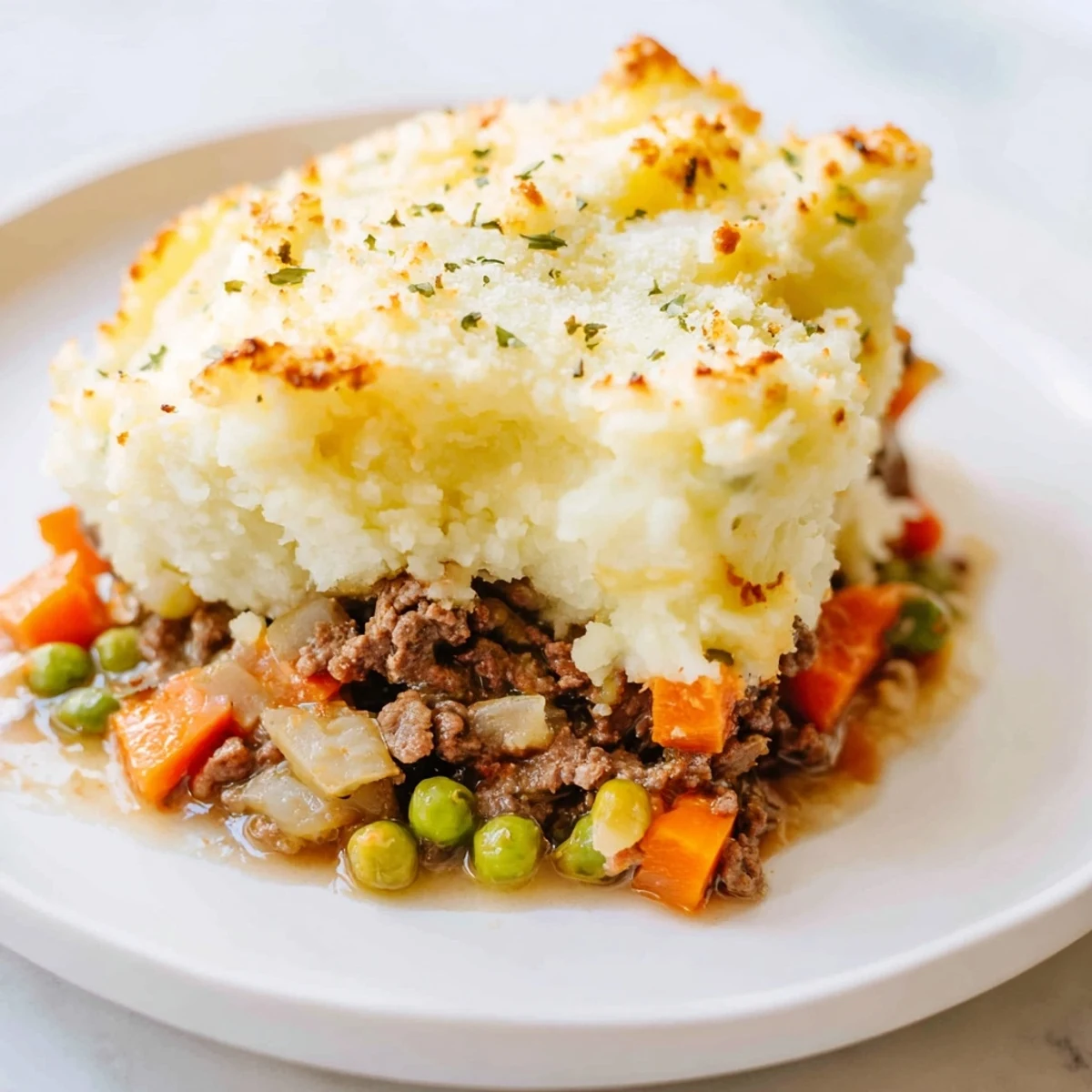 Golden-brown Beef Shepherds Pie with cauliflower mash, perfect for a cozy, comforting dinner.