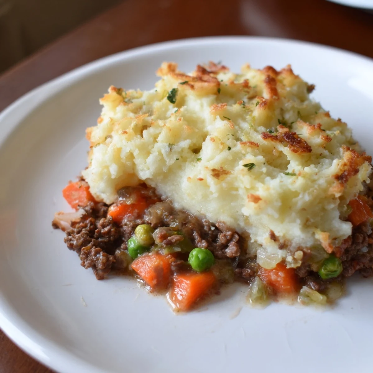 A close-up of a bubbling fresh-baked Beef Shepherds Pie, its cauliflower topping lightly browned.