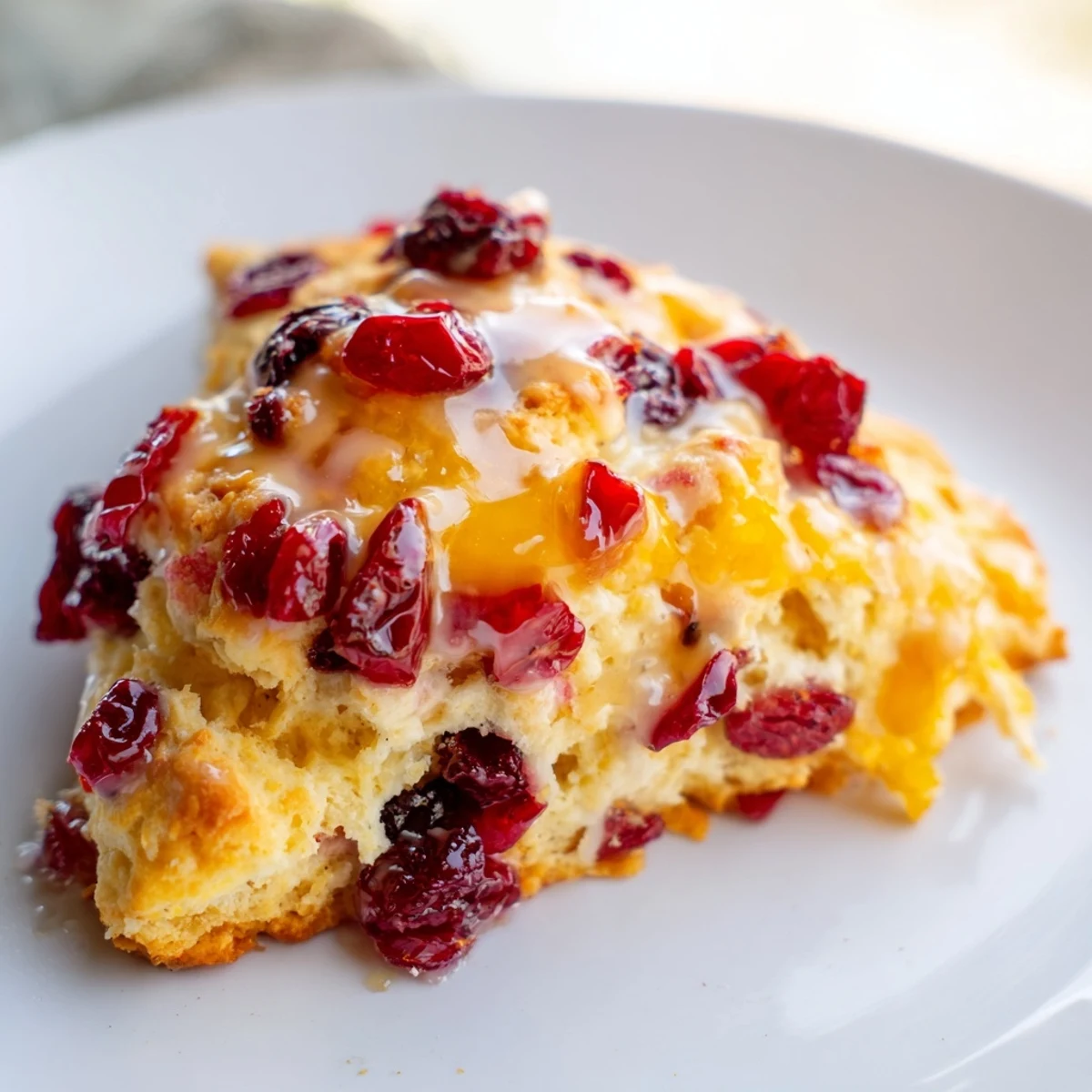 Freshly baked Cranberry Orange Scones, full of cranberries and citrus, drizzled with glaze.